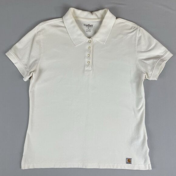 Carhartt For Women Short Sleeve Polo Shirt Size Large Ivory Cotton Golf Preppy - Picture 4 of 16